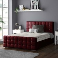 Cube Chesterfield Plush Velvet Bed Frame with Diamonds - Burgundy / Double