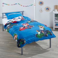 Childrens Silver Metal Single Bed with Super Mario Bedding Set  Blue | Bed Sava