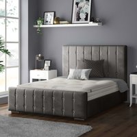 Anastasia Striped Plush Velvet Bed Frame with Diamonds - Grey / Superking