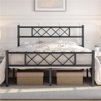 Metal Bed Frame with Cross-design Headboard - Black / King