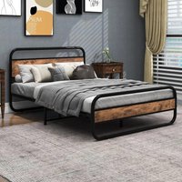 Double Bed Metal Platform Bed Frame with Wood Headboard - Brown