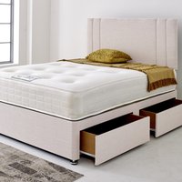 Divan Bed Base with Stripe Headboard - Sand Linen / 135cm / Double / 60cm / No Drawers