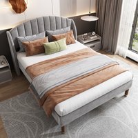 Velvet Upholstered Bed with Slatted Frame and Headboard  Grey  Double | Bed Sava