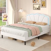 Upholstered Bed with LED Adjustable Shell Shape Headboard  White  Double | Bed Sava