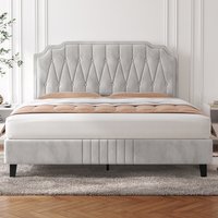 Upholstered Bed Frame with Button Tufted Headboard  Beige  Double | Bed Sava