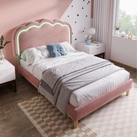 Velvet Material Upholstered Bed with LED and Adjustable Headboard  Pink | Bed Sava