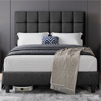 Yaheetech Upholstered Bed Frame with Square Tufted Headboard  Dark Grey  Double | Bed Sava