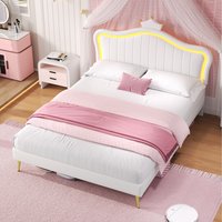 Upholstered Bed with LED Adjustable Crown Shape Headboard  Cream White  Double | Bed Sava