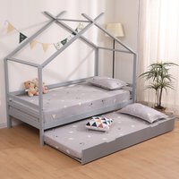 Teddy Kids Wooden House Single Bed Frame with Guest Trundle - Grey / Without Mattress