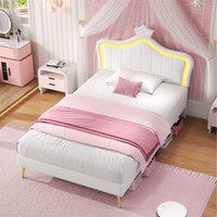 Upholstered Bed with LED Adjustable Crown Shape Headboard  Cream White  Single | Bed Sava
