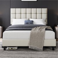 Yaheetech Upholstered Bed Frame with Square Tufted Headboard  Beige  King | Bed Sava