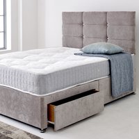 Divan Bed Base with Cube Buttoned Headboard - Grey  / 193cm / Small Single / 2x Drawers Same Side