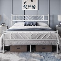 Metal Bed Frame with Arrow Design Headboard and Footboard - White / Double