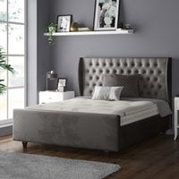Aurora Chesterfield Wing Plush Velvet Bed Frame with Matching Buttons - Grey / Double