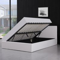 Ottoman Side Lift-Up Leather Storage Bed Frame - White / Double