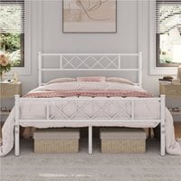 Metal Bed Frame with Cross-design Headboard - White / King