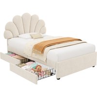 Velvet Single Bed Frame with Petal Headboard and Storage Drawers - White