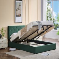 Lift Up Storage Upholstered Platform Bed with Adjustable Tufted Headboard - Green / 49kg