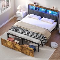Double Bed Frame with RGB LED Storage Headboard - Dark Walnut