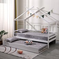 Teddy Kids Wooden House Single Bed Frame with Guest Trundle - White / Without Mattress