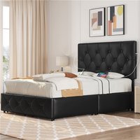 Upholstered Bed Frame with Diamond Button Tufted Headboard  Black | Bed Sava