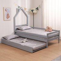 Theo Kids Wooden House Single Bed Frame with Guest Trundle Bed - Grey / With Mattress
