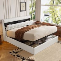 Fashion Upholstered Bed with Concealed Headboard Storage - White / King