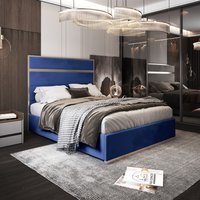 Bentley Upholstered Soft Velvet Metal Bed Frame - Blue / King