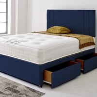 Divan Bed Base with Stripe Headboard - Navy Blue Linen / Double / 60cm / No Drawers / 135cm