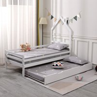 Theo Kids Wooden House Single Bed Frame with Guest Trundle Bed - White / With Mattress