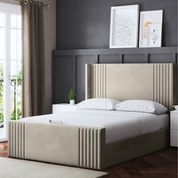 Elara Winged Beige Panel Bed with Headboard - Beige / King