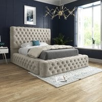 Cambridge Upholstered Soft Velvet Fabric Buttons Bed   - Cream / Double