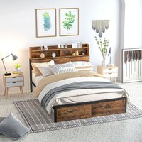 4.8FT Bed Frame with Storage Headboard and Under Bed Storage - Black and Brown
