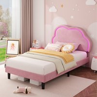Single Upholstered Bed with LED Adjustable Cute Cloud Headboard - Pink