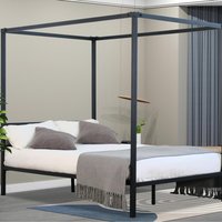 Four Poster Metal Bedframe with Minimalist Headboard Design - Black / King