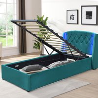 Fabric Gas Lift Bedframe LED Headboard - Green / Single