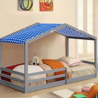 3ft Single Wooden House Style Bed with Tent Option - Grey / Blue tent