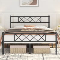 Metal Bed Frame with Cross-design Headboard - Black / Double