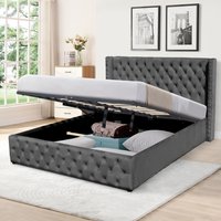 Winged Velvet Storage Bed Frame with Headboard - Dark Grey / Double