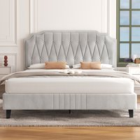 Upholstered Bed Frame with Button Tufted Headboard  Beige  King | Bed Sava