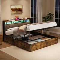 Bed Frame with Hydraulic Storage and LED Light Headboard - Dark Walnut / King