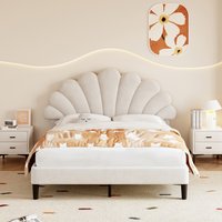 Upholstered Velvet Bed Frame with Adjustable Chic Petal Headboard  Beige  Double | Bed Sava