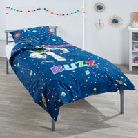 Childrens Silver Metal Single Bed with Toy Story Buzz Bedding Set  Blue | Bed Sava