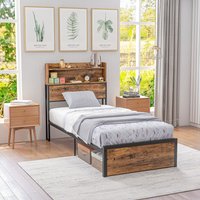 HOMCOM Steel Bed Frame with Storage Headboard - Rustic Brown, Black / 208.8cm / Single