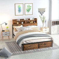 HOMCOM Steel Bed Frame with Storage Headboard - Rustic Brown, Black / 221.8cm / Double