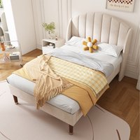 Velvet Upholstered Bed with Slatted Frame and Headboard  Beige  Single | Bed Sava