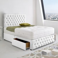Divan Bed Base with Spanish Bottoned Headboard - White / Double / 2x Drawers Same Side