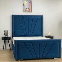 Divan Bed Base with Striped Headboard and Footboard - Navy Blue / 42kg / 4x Drawers / Small Double