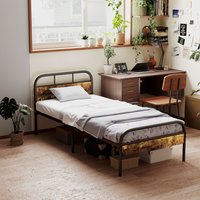 3FT Industrial Metal and Wood Bed Frame with Headboard - Black and Brown