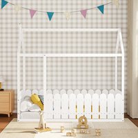 Full Size Wood House Kid Bed Frame With Fence Teenager Bedroom Decor - White
